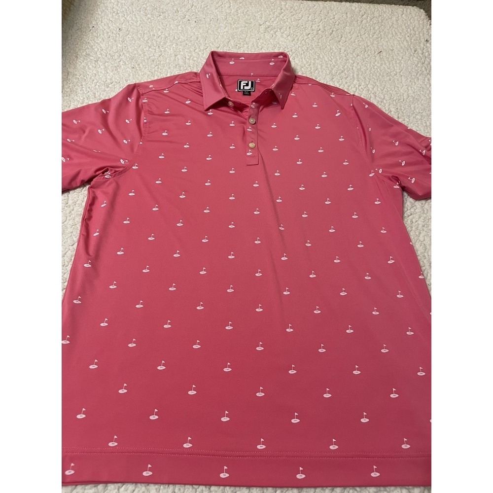 FOOTJOY Golf Polo Mens Large Athletic Fit Pink Golf Flag On Putting Green .